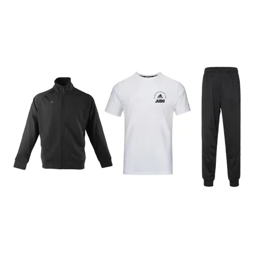 Adidas Casual Sportswear Men Set Black Coats+White Base With Black Logo T-Shirts+Black Pants