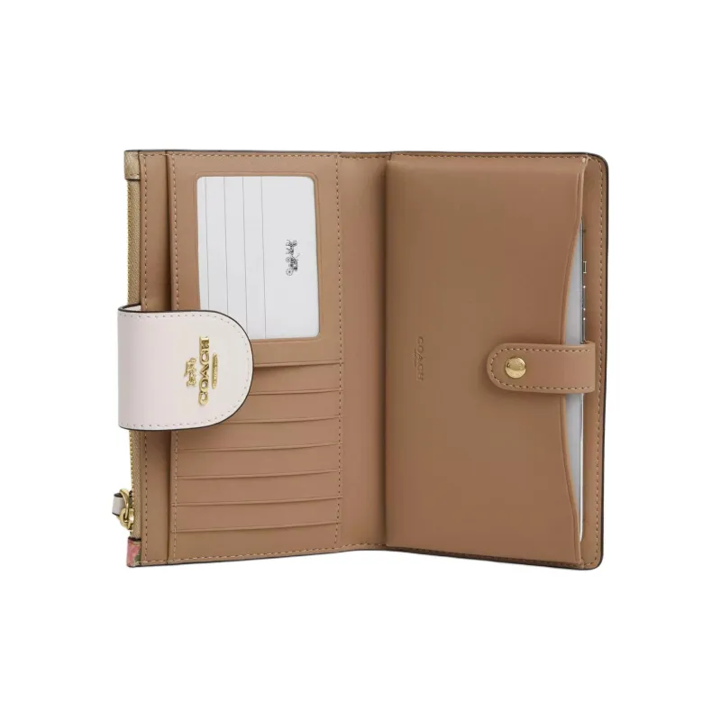 COACH Coated Canvas With Smooth Leather Wallet Trumpets Women's Gold & Light Khaki Chalk Multicolor-1
