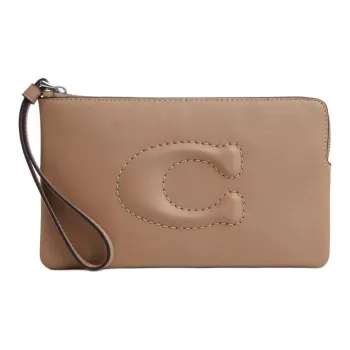 COACH Wristlet Smooth Leather Clutch Small Size Women's Silver & Taupe