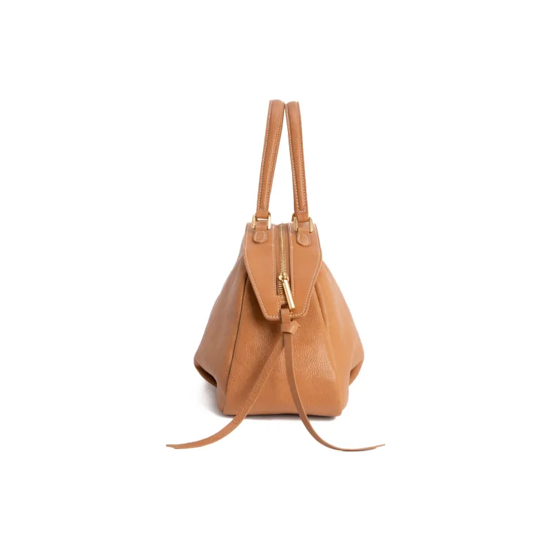 Clos Vegetable Tanned Cow Leather Handbag Large Size Women's Green/Apricot/Black-9