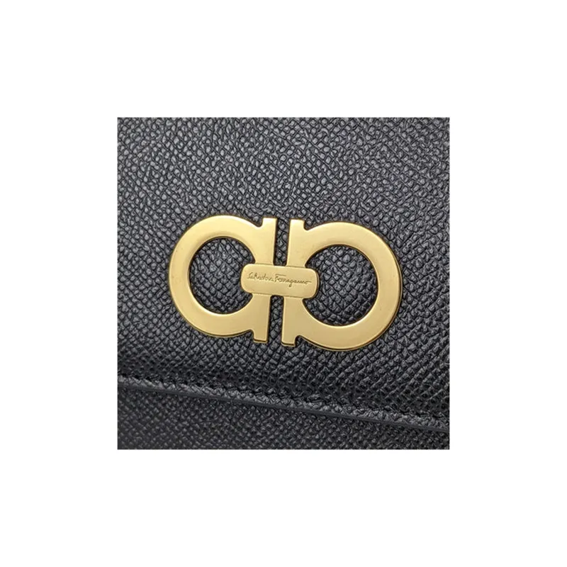 FERRAGAMO GANCINI Grain Cow Leather Shoulder Bag, Crossbody Bag, Clutch Unisex Black-3