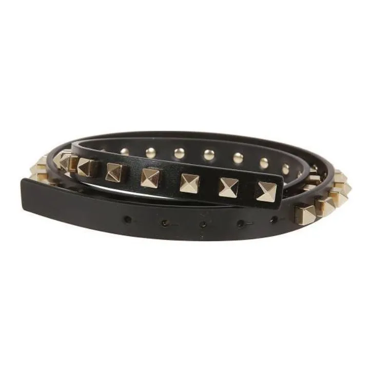 Valentino Stud Inlay Smooth Buckle Leather Belts Women's Black Width 1.5CM-1