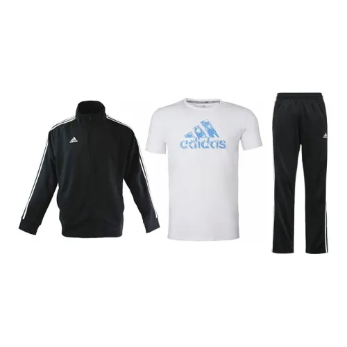 Adidas Casual Sportswear Men Set Black Base With White Stripes Coats+White T-Shirts+Black/White Pants