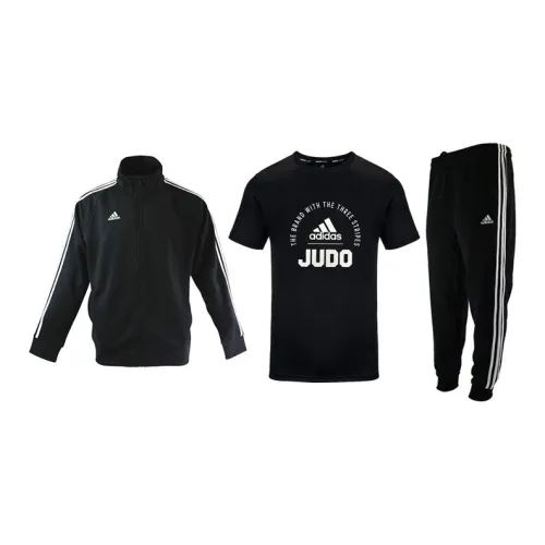 Adidas Casual Sportswear Men Set Black Base With White Stripes Coats+Black/White T-Shirts+Black Pants