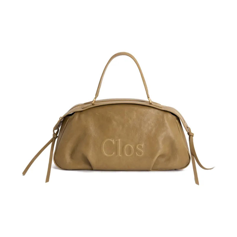 Clos Vegetable Tanned Cow Leather Handbag Large Size Women's Green/Apricot/Black-1