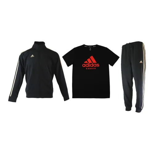 Adidas Casual Sportswear Men Set Black/Gold Coats+Black Background Red Label T-Shirts+Black/Gold Pants