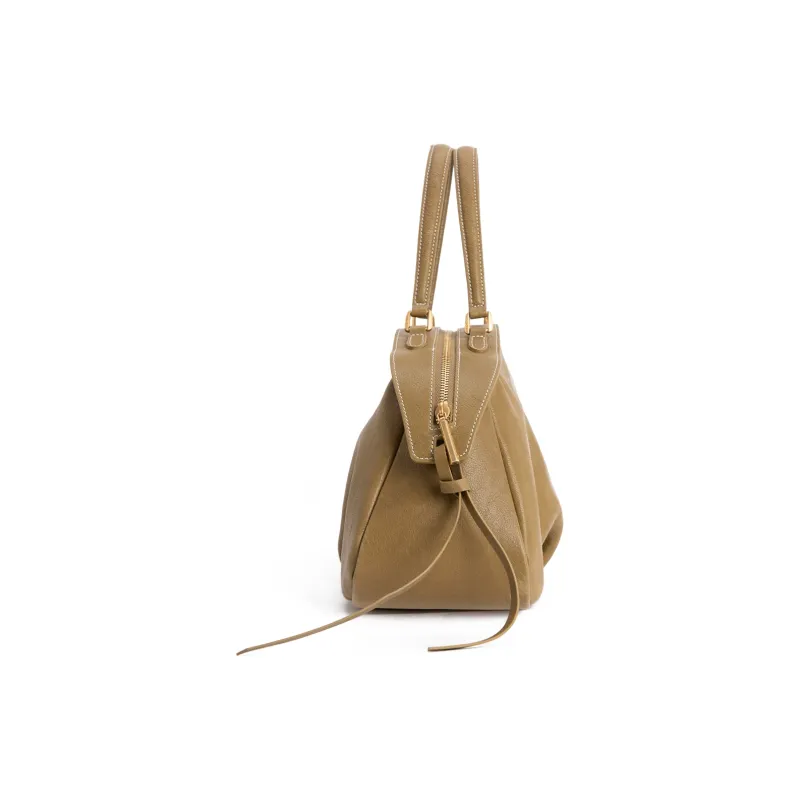 Clos Vegetable Tanned Cow Leather Handbag Large Size Women's Green/Apricot/Black-2