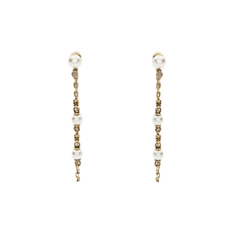 Alexander McQueen Pearl Skull Drop Chain Earrings-0