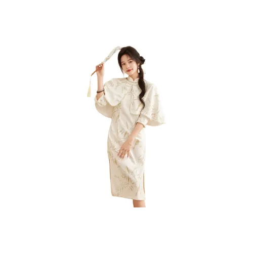 CARBAMMI Two Piece Skirt Sets Women's Beige Cheongsams+Shawls