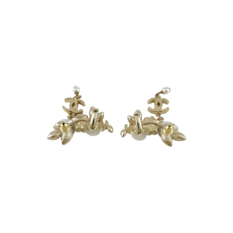 CHANEL Faux Pearl Crystal Earrings Women's Gold-1