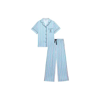 Victoria's Secret Pajama Set Women's Light Aqua Blue Stripes