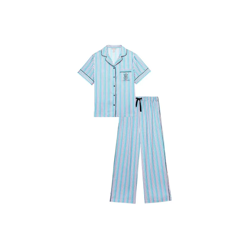 Victoria's Secret Pajama Set Women's Light Aqua Blue Stripes-0