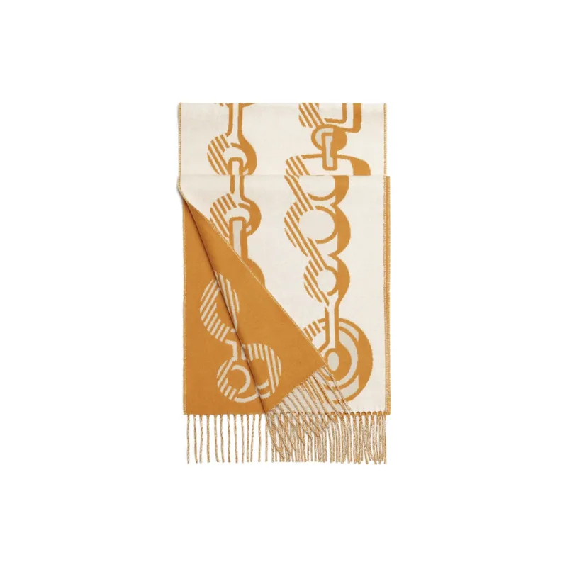 HERMES Knit Scarves Women's Ivory White/Red Ochre Yellow-3