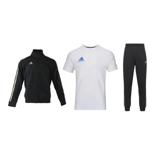 Adidas Casual Sportswear Men Set Black Base With Gold Stripes Coats+White Base With Blue Logo T-Shirts+Black/Gold Pants