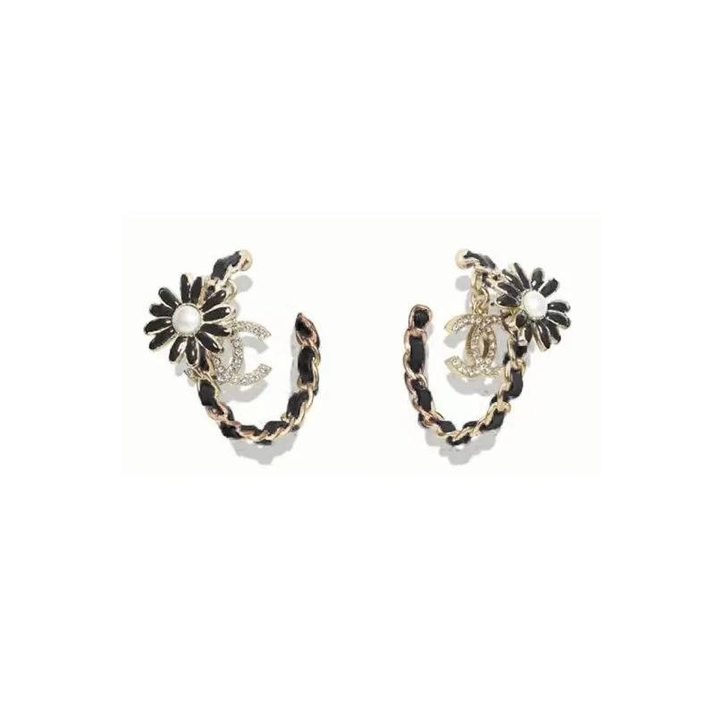 CHANEL Metal Lambskin Artificial Pearl Rhinestone Earrings Women's Black-1
