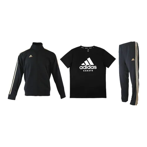 Adidas Casual Sportswear Men Set Black/Gold Coats+Black Background White Label T-Shirts+Black/Gold Pants