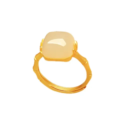 Heng Tai Jewelry 925 Sterling Silver Hetian Jade Rings Women's Pale Greenish-White Jade