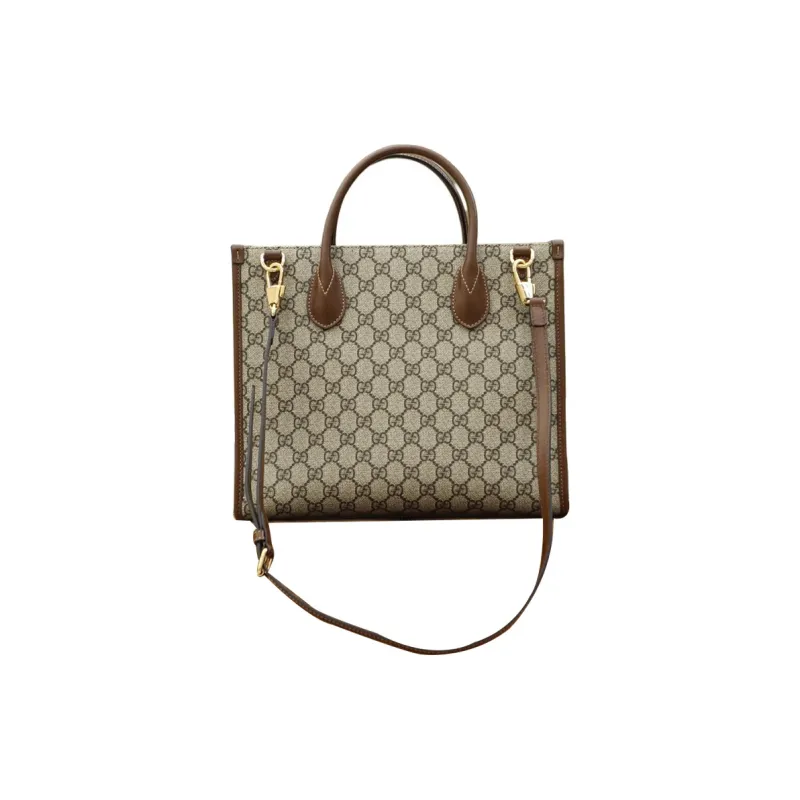 GUCCI Canvas With Leather Totes Shopping Bag Shoulder Bag Crossbody Bag Handbag Small Size Unisex Ebony/Brown-5