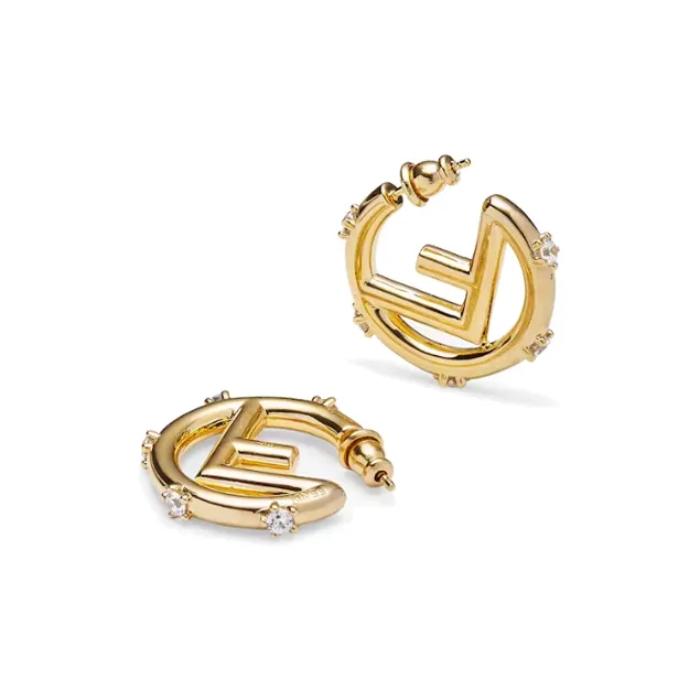 FENDI Metal Artificial Crystal Earrings Women's Gold-1
