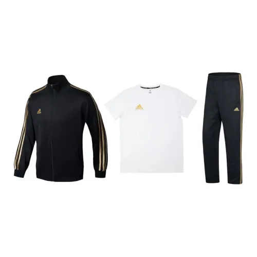 Adidas Casual Sportswear Men Set Black Base With Gold Stripes Coats+White T-Shirts+Black Pants