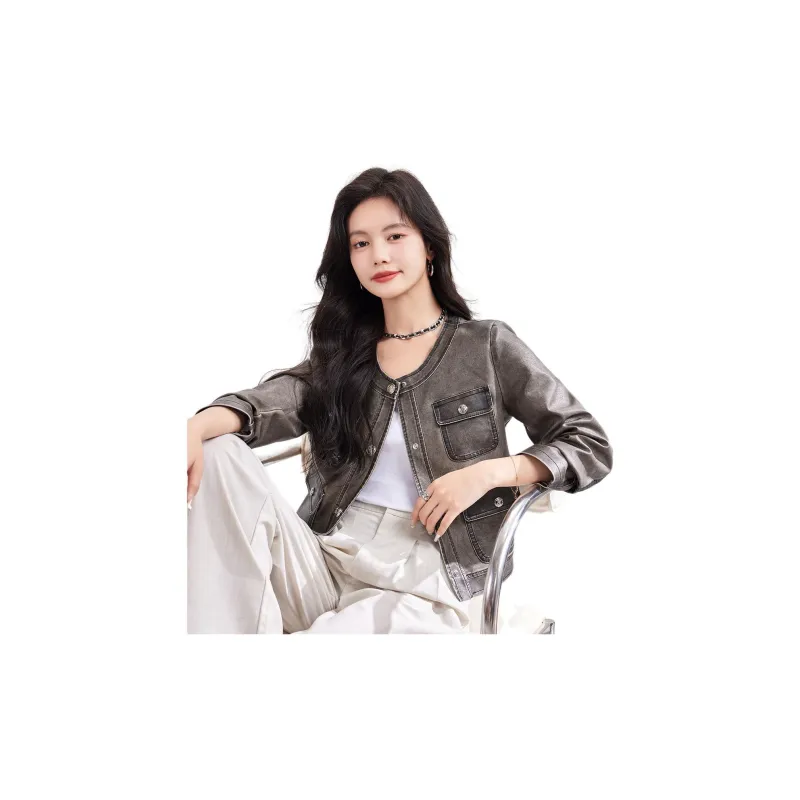 CARBAMMI Leather Jacket Women's Gray-2