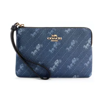 COACH Corner Zip Leather Pochette Wrist Bag Coin Purse, Clutch Women's Blue