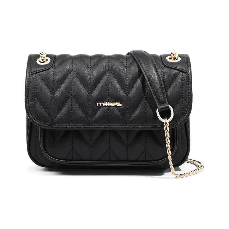 MILLIE'S Cow Leather Patchwork Synthetic Leather Crossbody Bag Shoulder Bag Small Square Bag Regular Women's Black-4