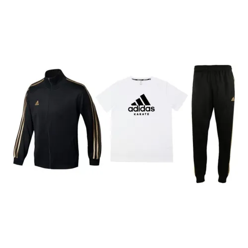 Adidas Casual Sportswear Men Set Black Base With Gold Stripes Coats+White Base With Black Logo T-Shirts+Black Pants