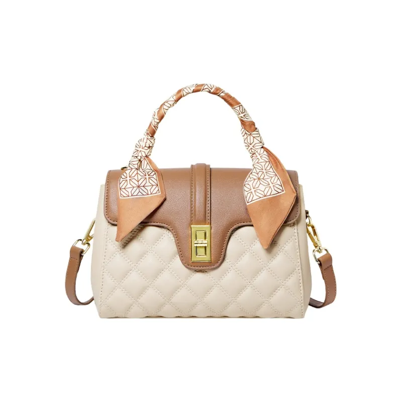 15 MINS Cow Leather With Synthetic Leather Handbag, Shoulder Bag, Crossbody Bag Regular Women's Cream Apricot & Brown-1
