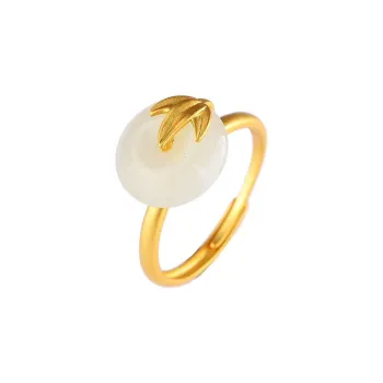 Emerald Dynasty 925 Sterling Silver Hetian Jade Rings Women's Pale Greenish-White Jade