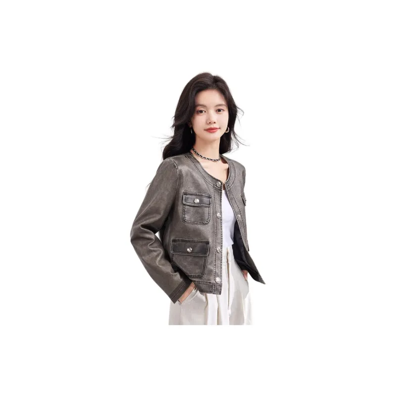CARBAMMI Leather Jacket Women's Gray-3