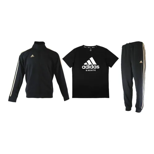 Adidas Casual Sportswear Men Set Black/Gold Coats+Black Background White Label T-Shirts+Black/Gold Pants