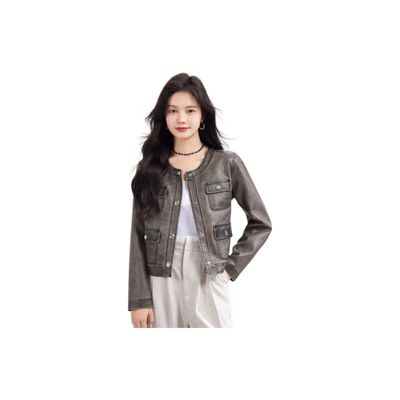 CARBAMMI Leather Jacket Women's Gray-1