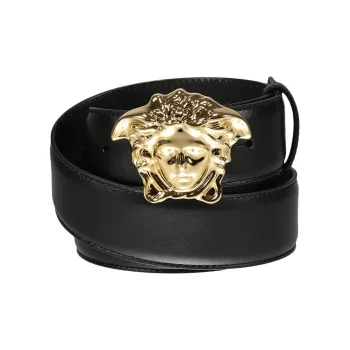 VERSACE Badge Logo Leather Belts Men's Black Width  4CM