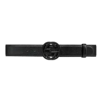 GUCCI Interlocking Buckle Double G Leather Belts Men's Black Width 4CM