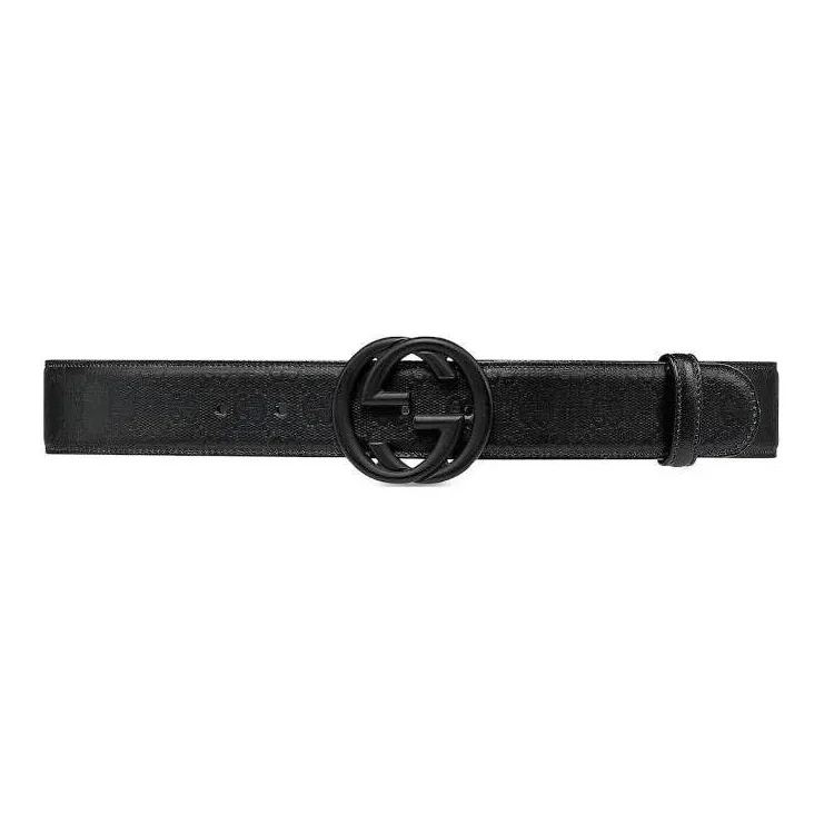 GUCCI Interlocking Buckle Double G Leather Belts Men's Black Width 4CM-0