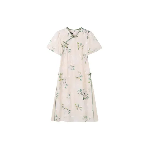 Luxury Short-Sleeved Dresses Women's Apricot Base With Green Floral