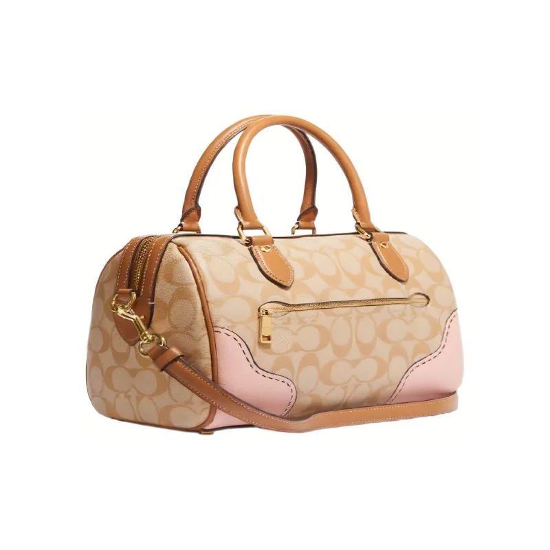 COACH Rowan Leather Boston Bag, One Shoulder Handbag Medium Size Women's Khaki-1