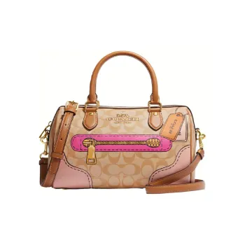 COACH Rowan Leather Boston Bag, One Shoulder Handbag Medium Size Women's Khaki
