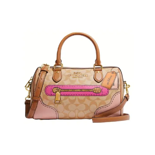COACH Rowan Leather Boston Bag, One Shoulder Handbag Medium Size Women's Khaki