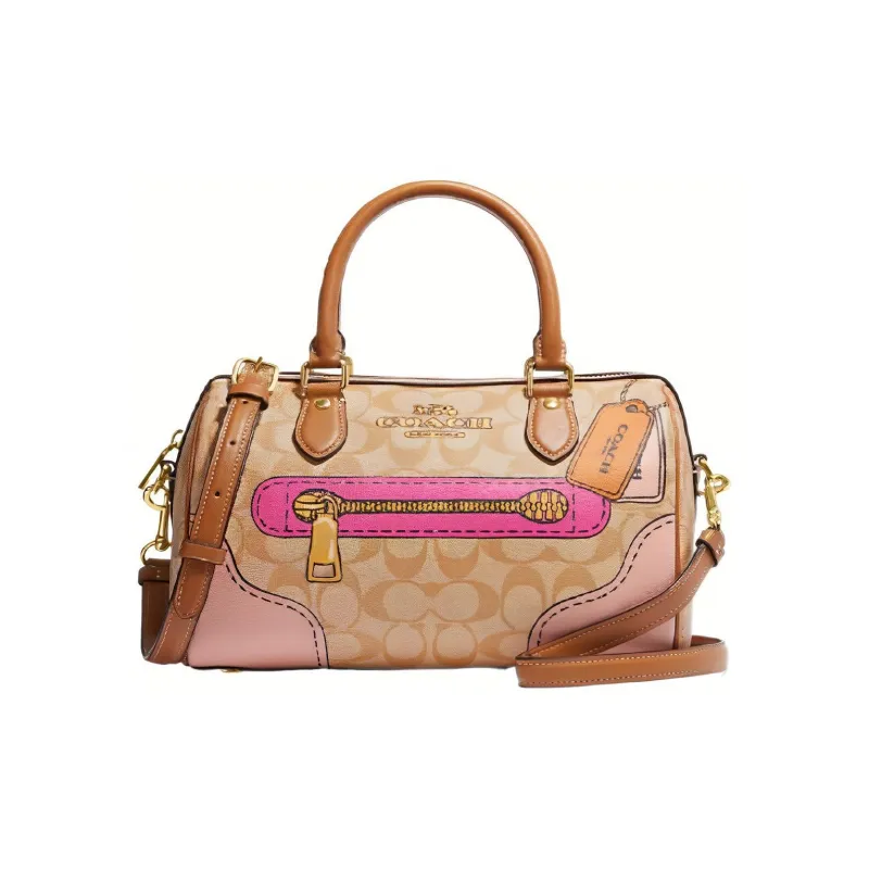 COACH Rowan Leather Boston Bag, One Shoulder Handbag Medium Size Women's Khaki-0
