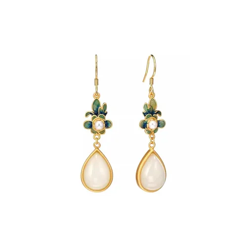 Xiaoyinjiang 925 Sterling Silver Hetian Jade Earrings Women's Pale Greenish-White Jade