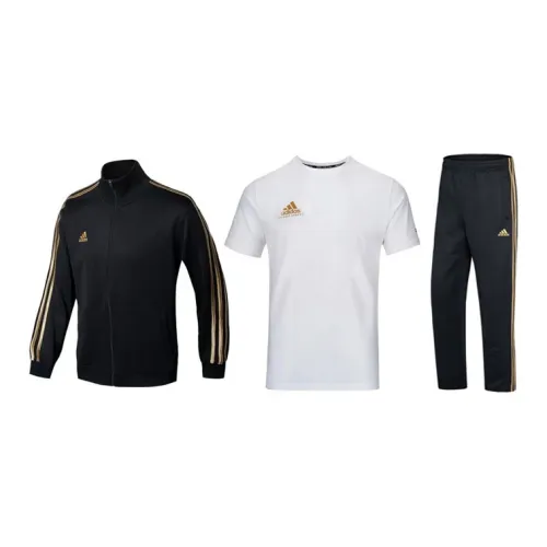 Adidas Casual Sportswear Men Set Black Base With Gold Stripes Coats+White Base With Gold Logo T-Shirts+Black Pants