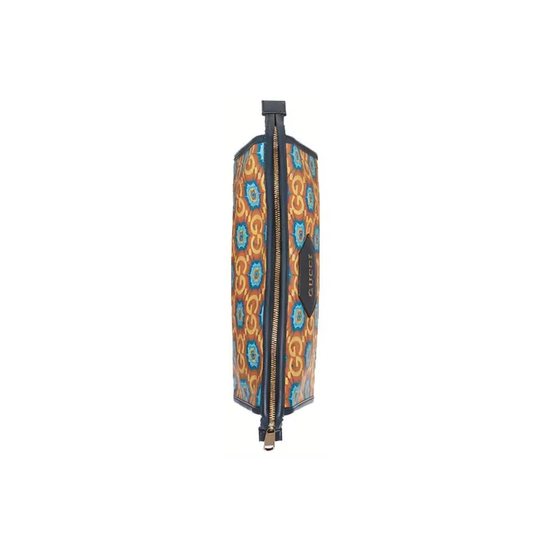 GUCCI Canvas With Leather Clutch Unisex Orange & Dark Blue-4