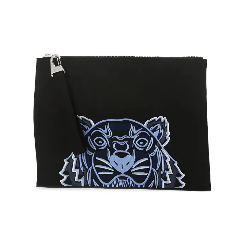 KENZO Embroidered Fabric Clutch Large Size Unisex Black Blue Multicolor-1