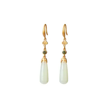 Xiaoyinjiang 925 Sterling Silver Hetian Jade Hoop Earrings Drop Earrings Women's Pale Greenish-White Jade
