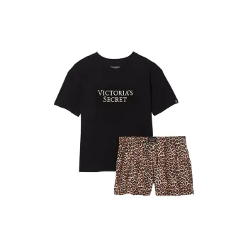 Victoria's Secret Cotton Short Tee-Jama Set/Leopard Pajama Set Women's Black Animal Prints