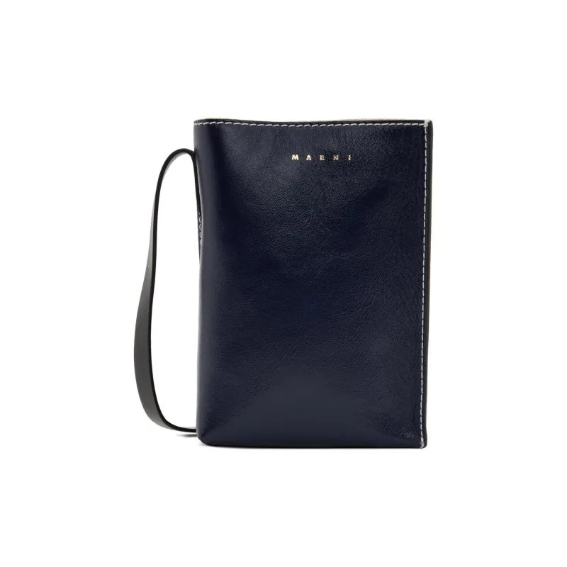 MARNI Grained Calfskin Messenger Bag Crossbody Bag Shoulder Bag Men's Marine Blue & Gray-0