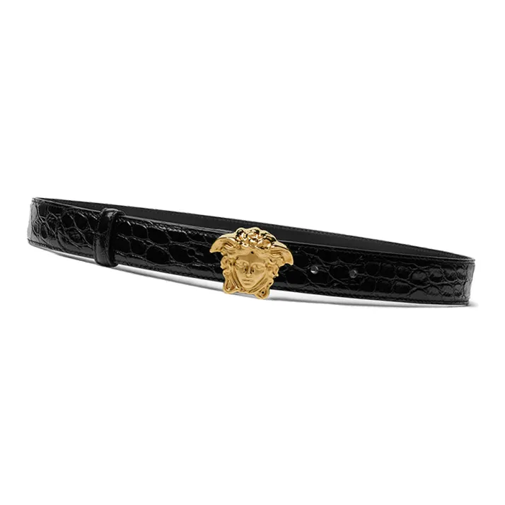 VERSACE Crocodile Pattern Embossed Smooth Buckle Leather Belts Women's Black Width: 3CM-2