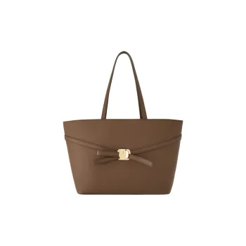 FERRAGAMO Vara Cow Leather Tote Bag Shopping Bag Handbag Medium Size Women's Dark Brown